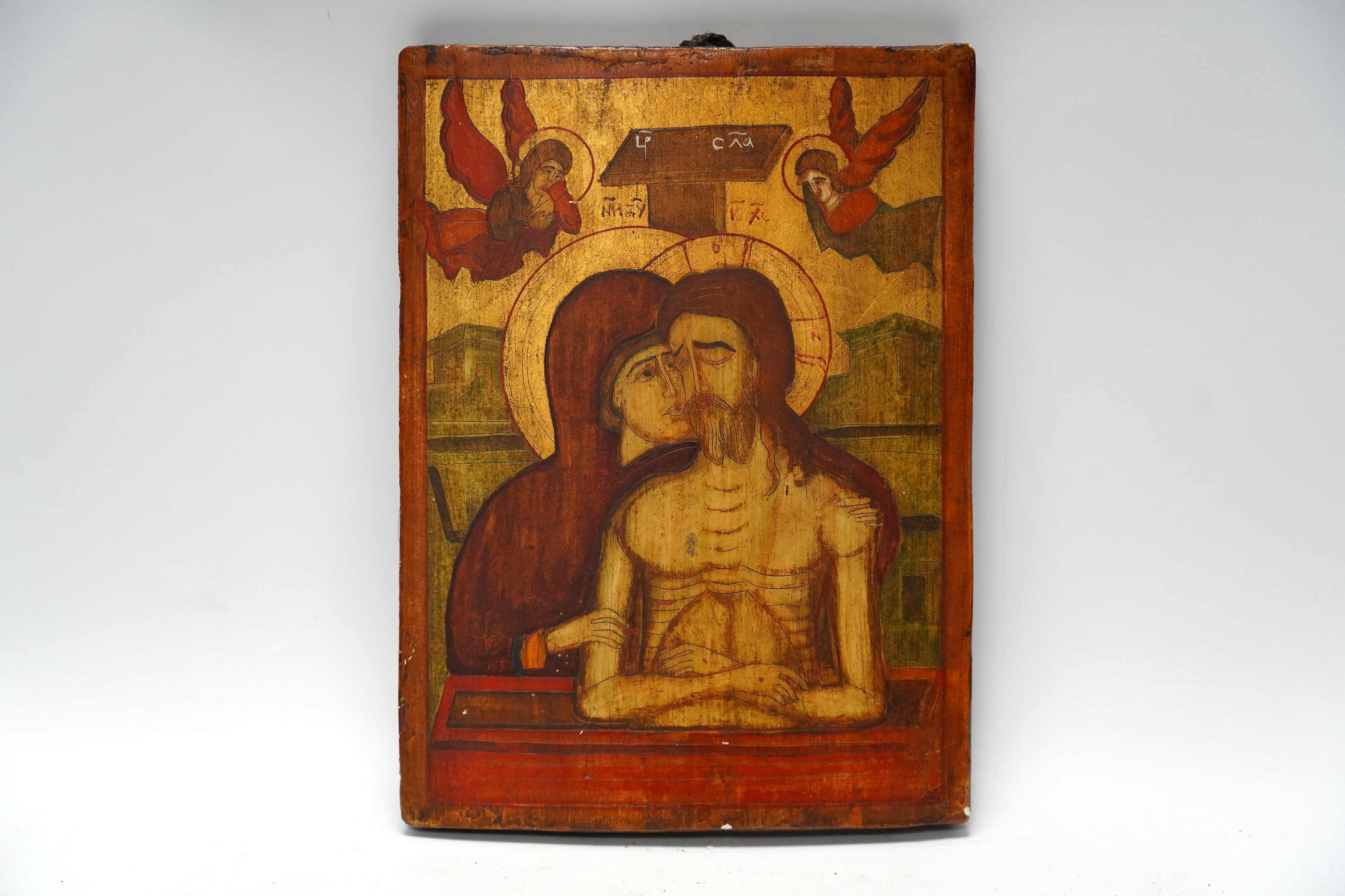 A Russian icon and religious foil framed picture, foil picture 45cm wide, 35.5cm high